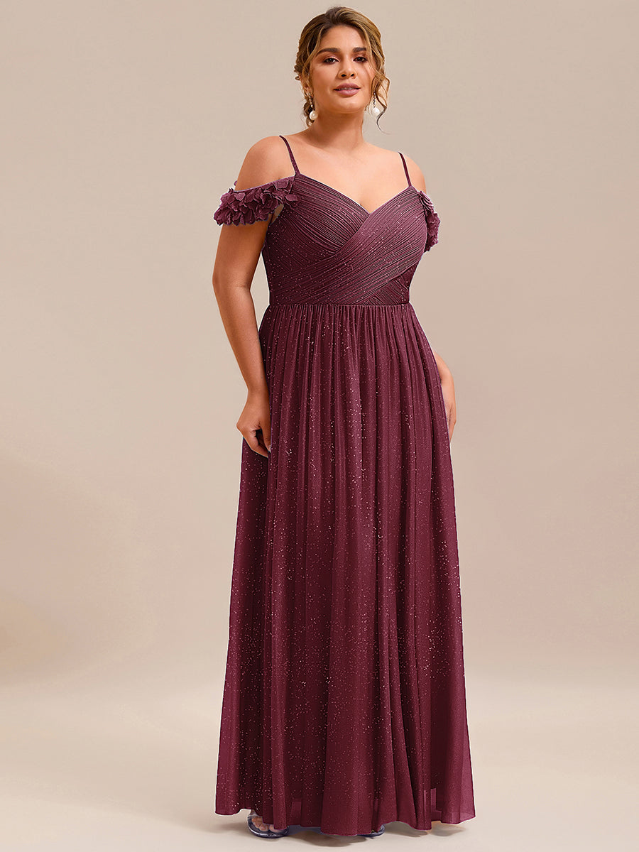 Sparkling V-Neck Floral Cold-Shoulder Evening Dress with Pleated #color_Burgundy