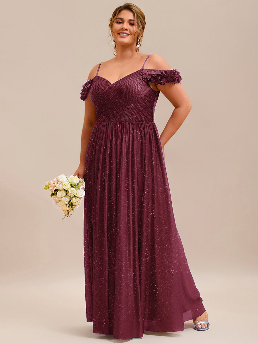 Sparkling V-Neck Floral Cold-Shoulder Evening Dress with Pleated #color_Burgundy