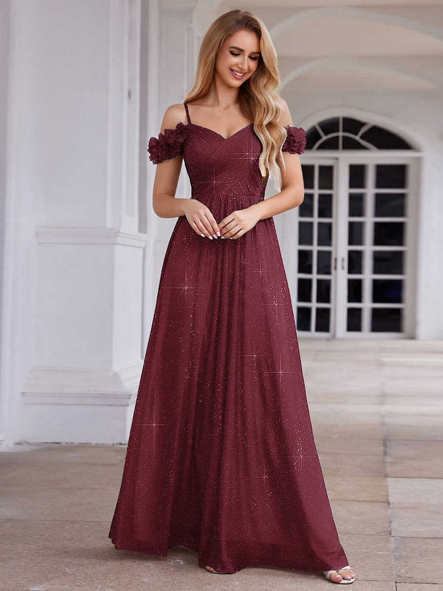 Sparkling V-Neck Floral Cold-Shoulder Evening Dress with Pleated #color_Burgundy