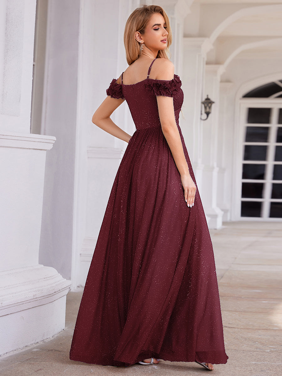 Sparkling V-Neck Floral Cold-Shoulder Evening Dress with Pleated #color_Burgundy