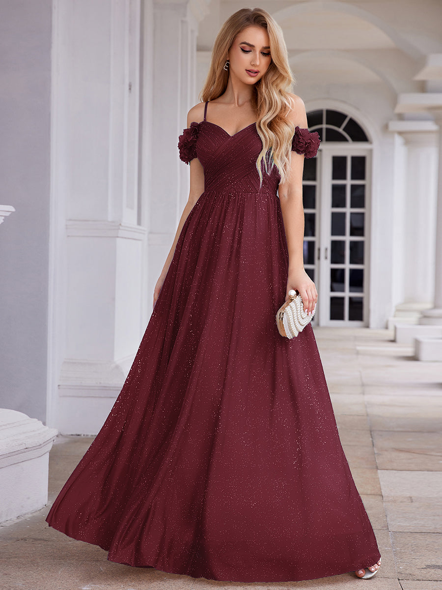 Sparkling V-Neck Floral Cold-Shoulder Evening Dress with Pleated #color_Burgundy