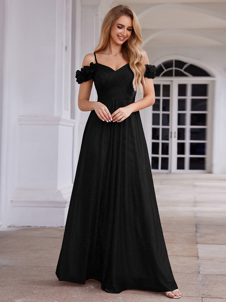 Sparkling V-Neck Floral Cold-Shoulder Evening Dress with Pleated #color_Black