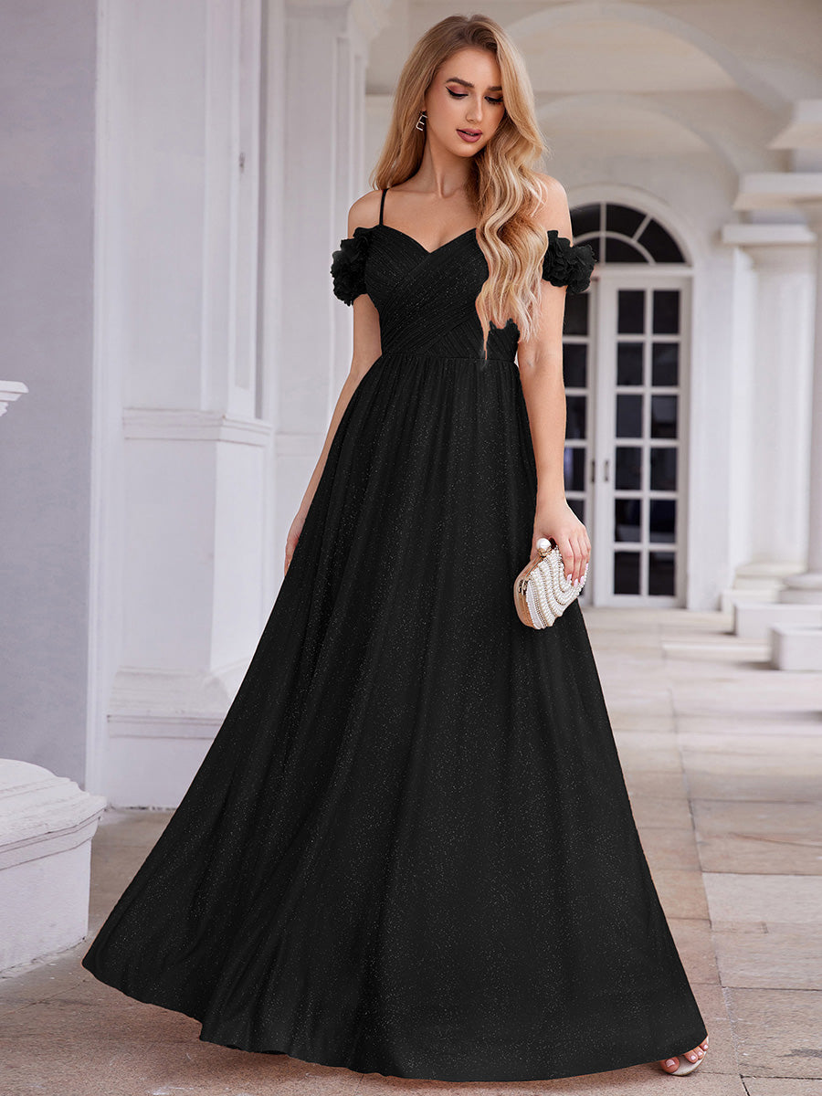 Sparkling V-Neck Floral Cold-Shoulder Evening Dress with Pleated #color_Black