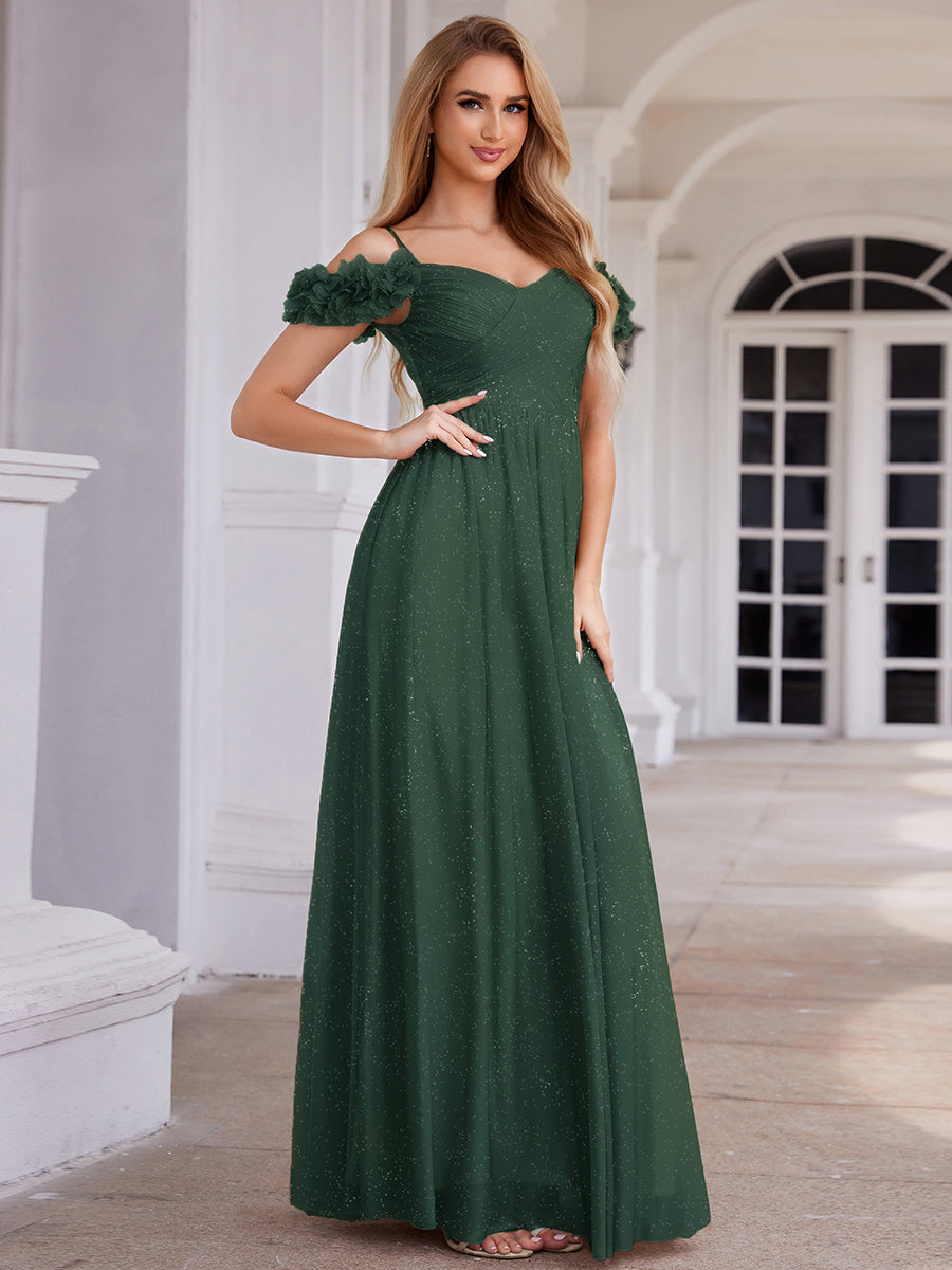 Sparkling V-Neck Floral Cold-Shoulder Evening Dress with Pleated #color_Dark Green