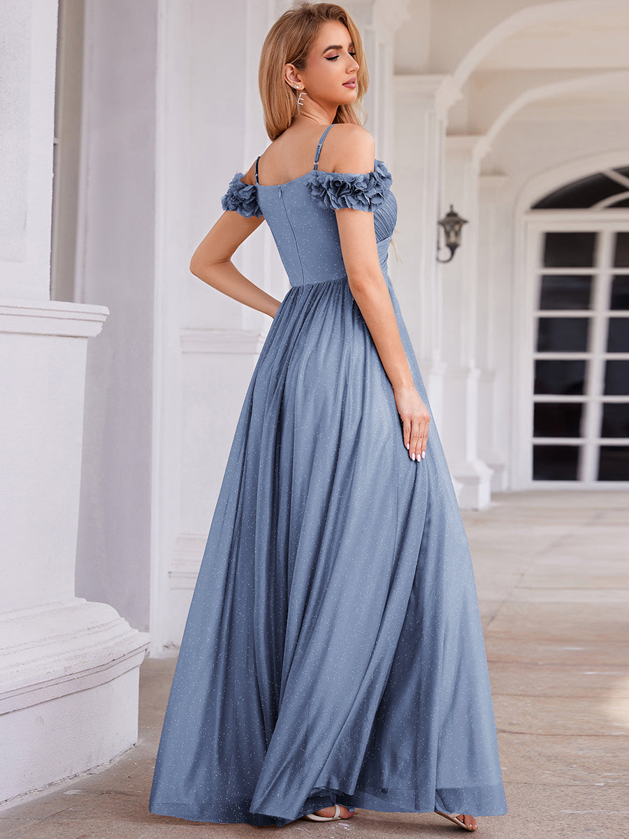 Sparkling V-Neck Floral Cold-Shoulder Evening Dress with Pleated #color_Dusty Blue