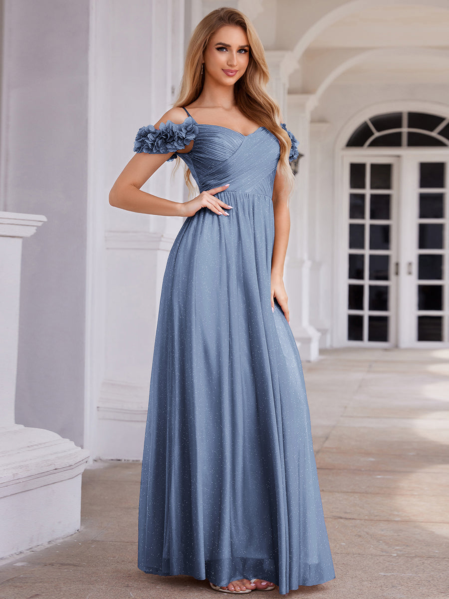 Sparkling V-Neck Floral Cold-Shoulder Evening Dress with Pleated #color_Dusty Blue