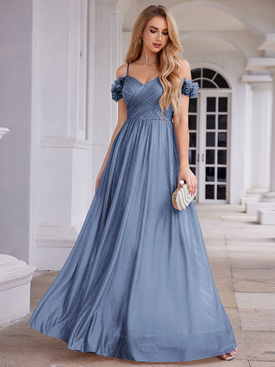 Sparkling V-Neck Floral Cold-Shoulder Evening Dress with Pleated #color_Dusty Blue