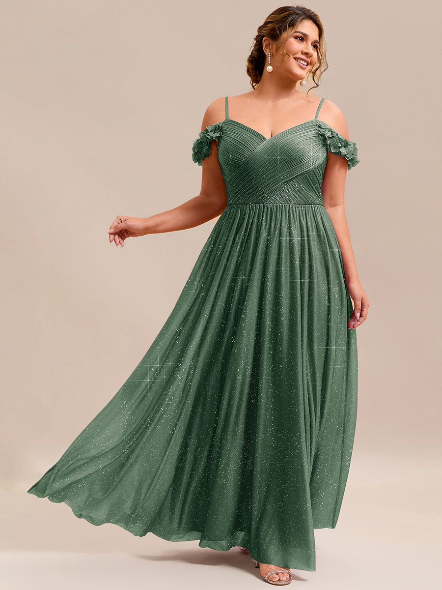 Sparkling V-Neck Floral Cold-Shoulder Evening Dress with Pleated #color_Eucalyptus