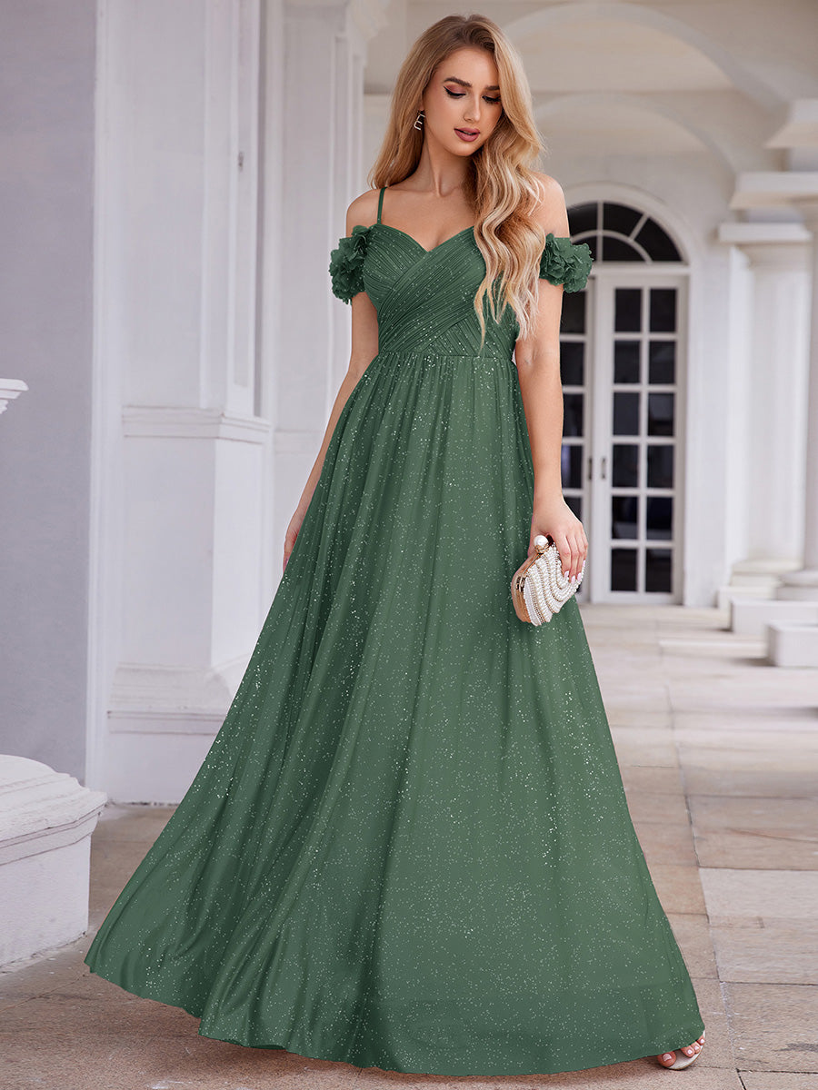 Sparkling V-Neck Floral Cold-Shoulder Evening Dress with Pleated #color_Eucalyptus