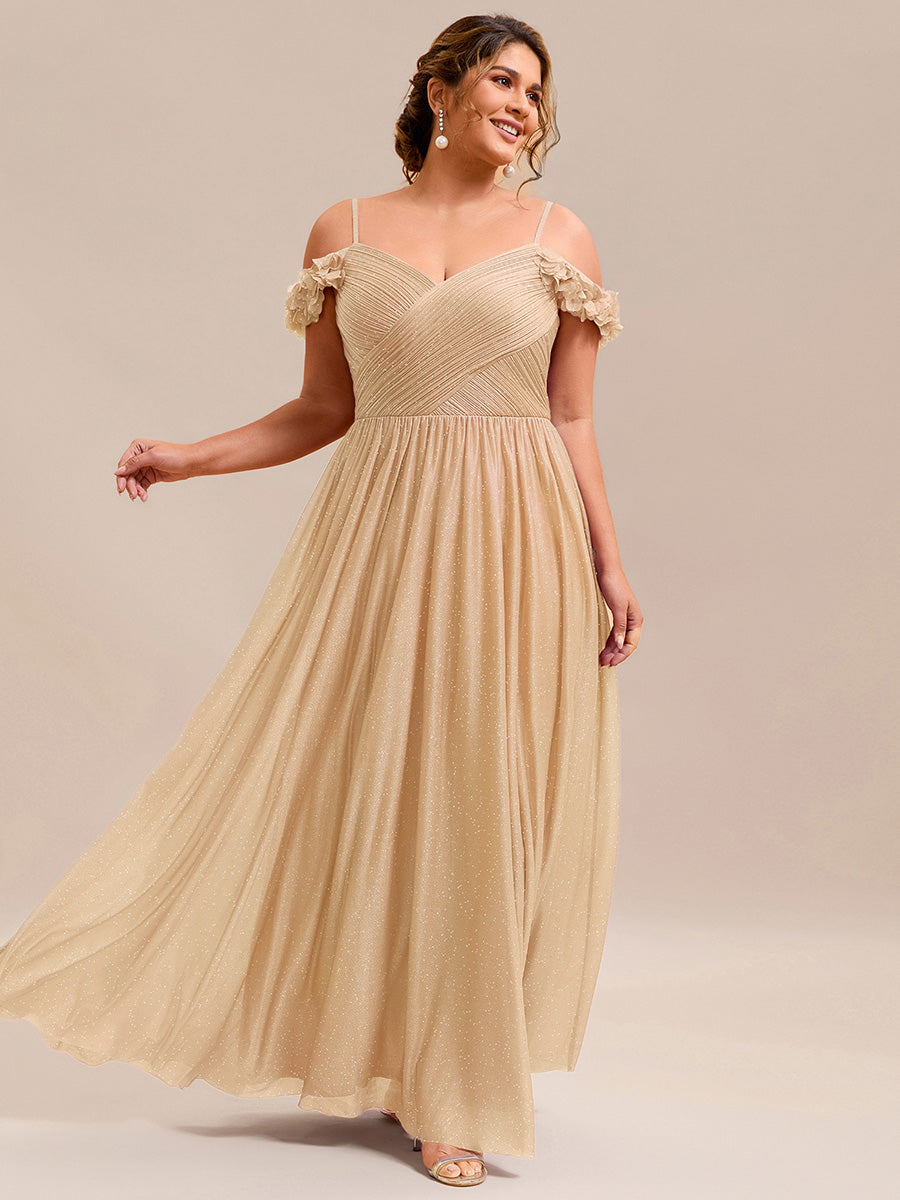Sparkling V-Neck Floral Cold-Shoulder Evening Dress with Pleated #color_Gold