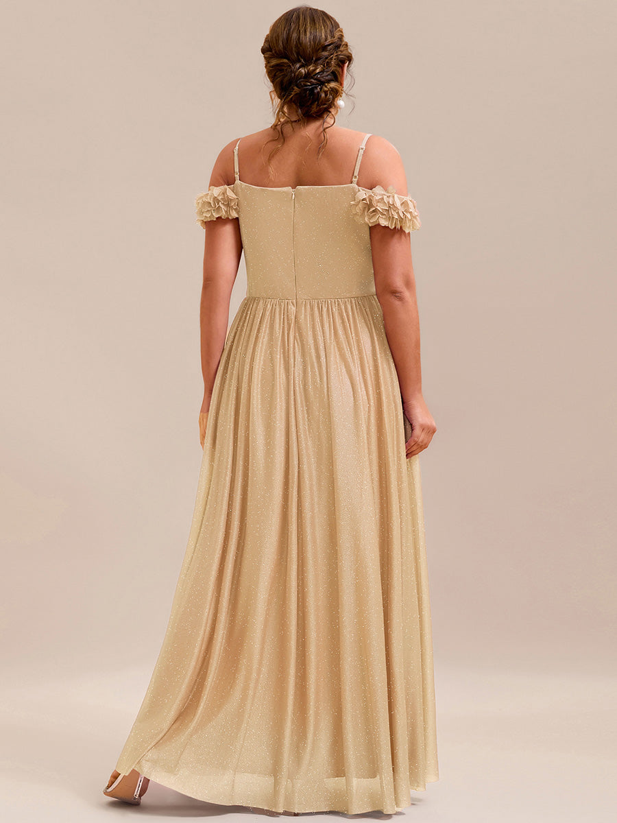 Sparkling V-Neck Floral Cold-Shoulder Evening Dress with Pleated #color_Gold