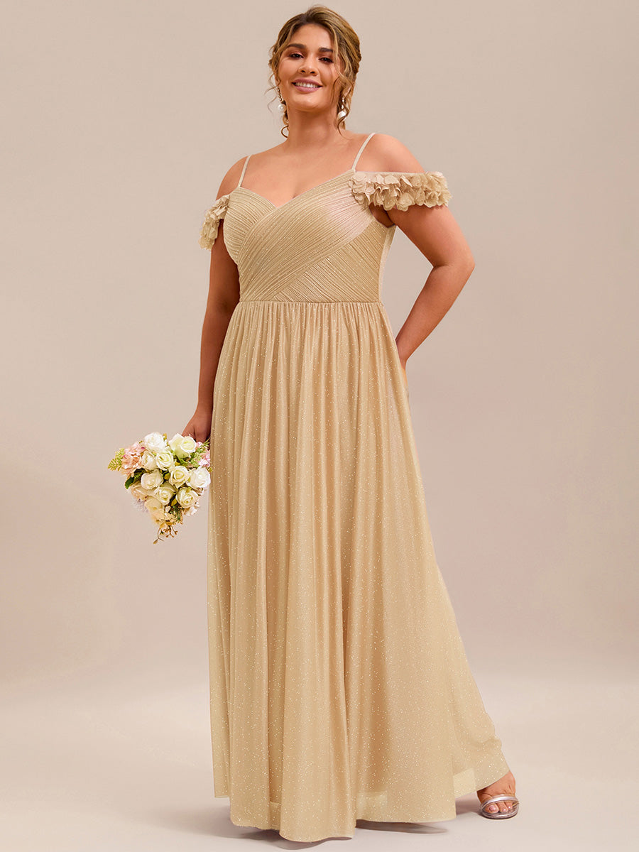 Sparkling V-Neck Floral Cold-Shoulder Evening Dress with Pleated #color_Gold