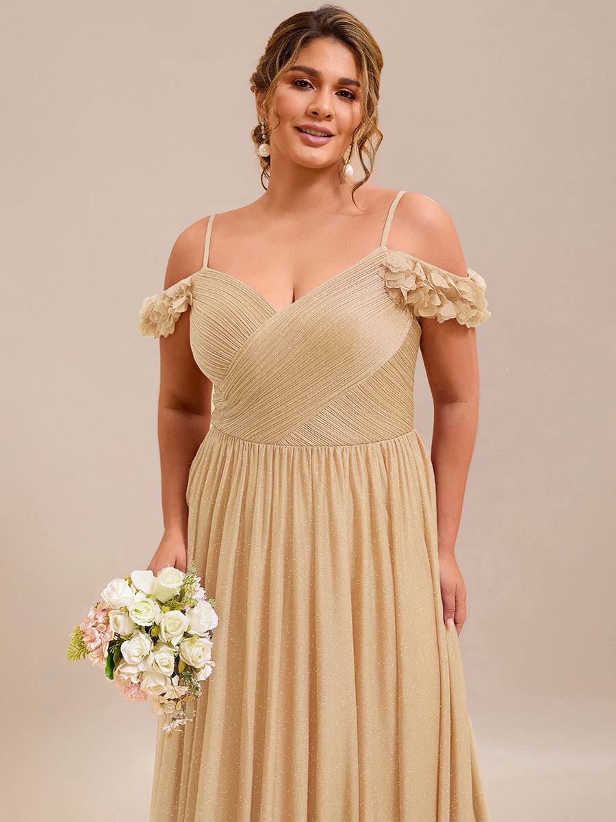 Sparkling V-Neck Floral Cold-Shoulder Evening Dress with Pleated #color_Gold