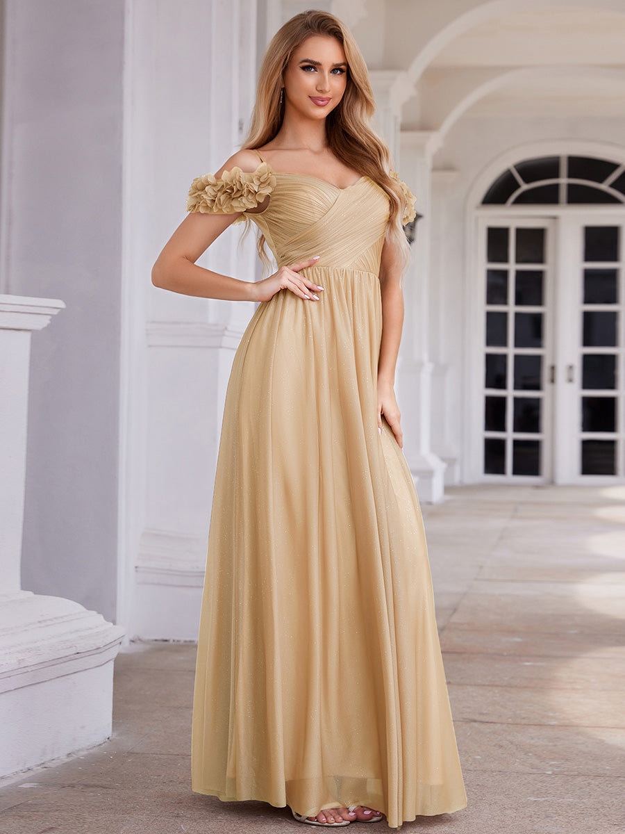 Sparkling V-Neck Floral Cold-Shoulder Evening Dress with Pleated #color_Gold