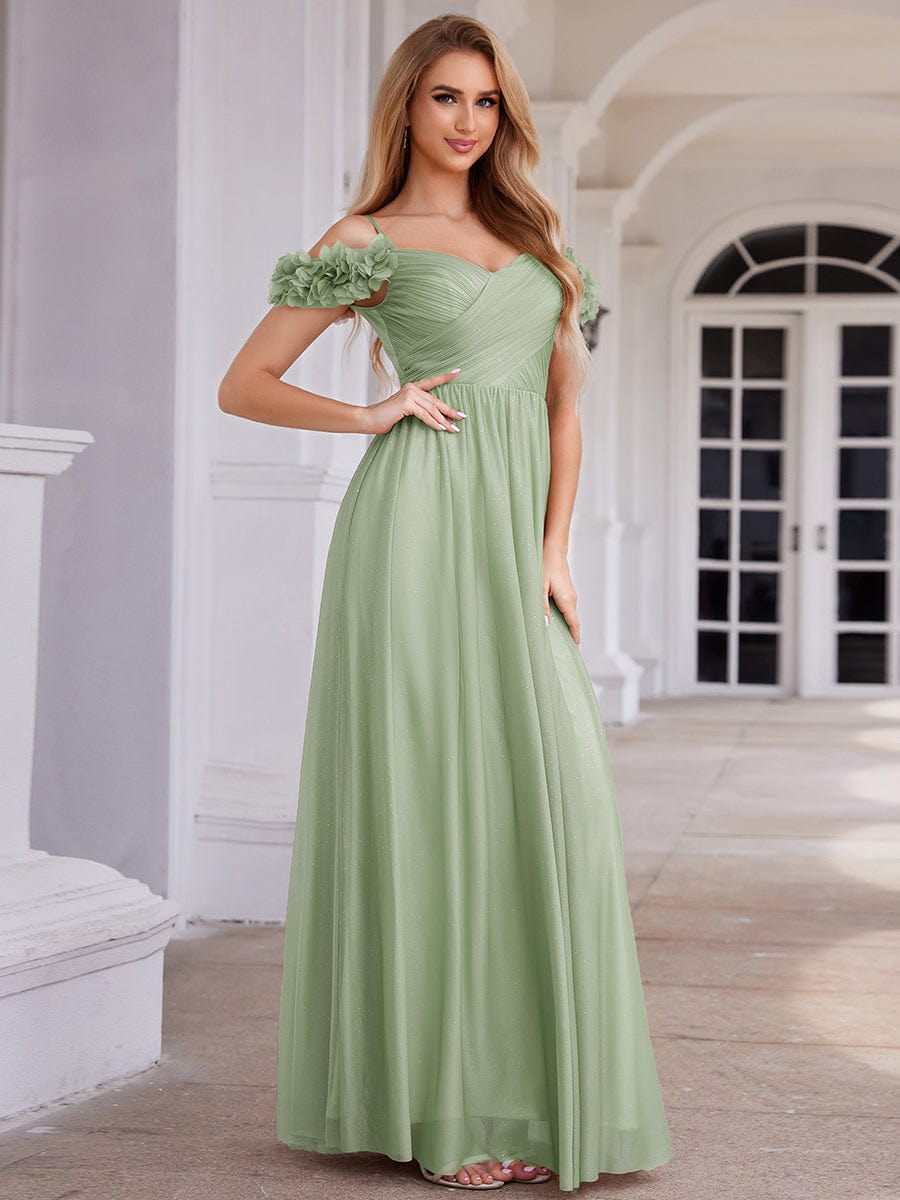 Sparkling V-Neck Floral Cold-Shoulder Evening Dress with Pleated #color_Mint Green