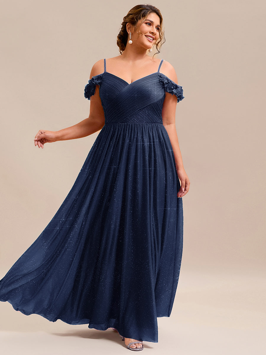Sparkling V-Neck Floral Cold-Shoulder Evening Dress with Pleated #color_Navy Blue