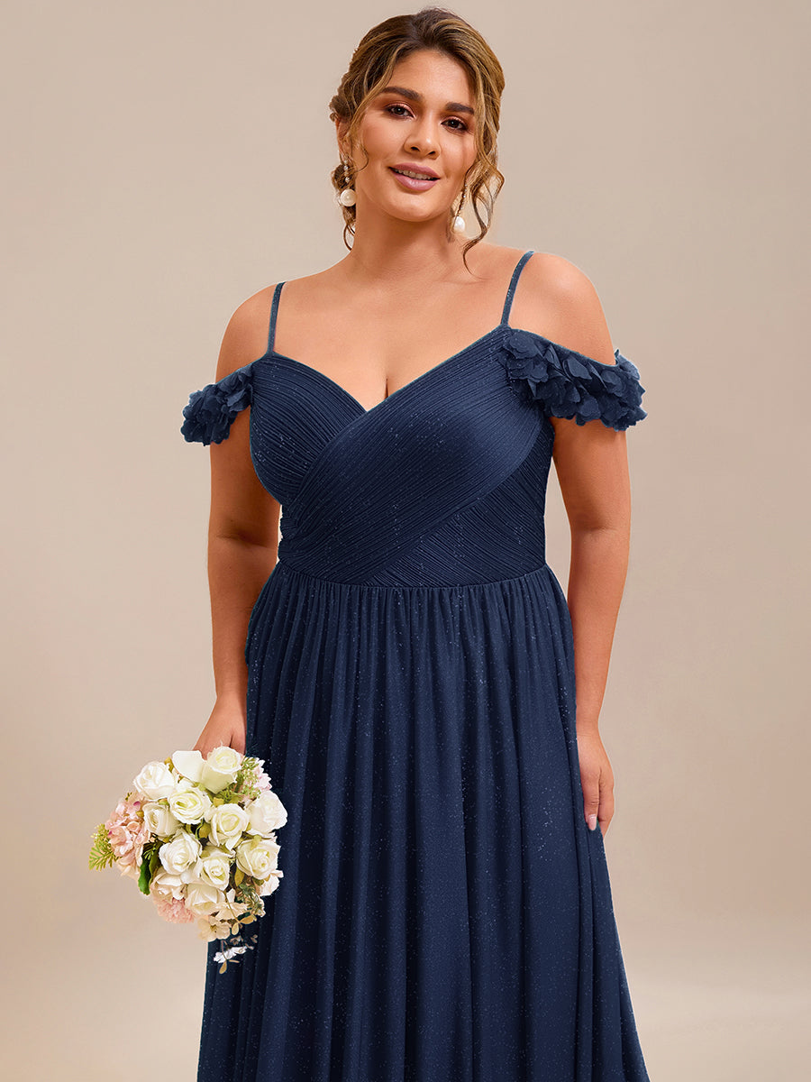 Sparkling V-Neck Floral Cold-Shoulder Evening Dress with Pleated #color_Navy Blue