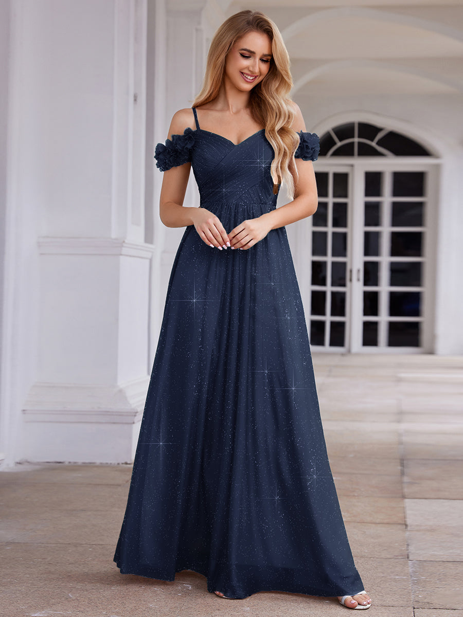 Sparkling V-Neck Floral Cold-Shoulder Evening Dress with Pleated #color_Navy Blue