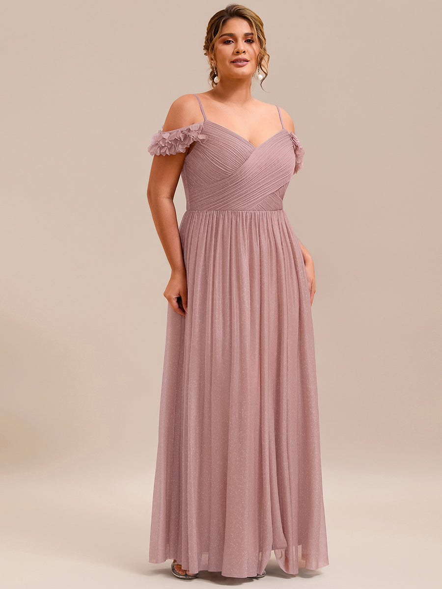 Sparkling V-Neck Floral Cold-Shoulder Evening Dress with Pleated #color_Pink