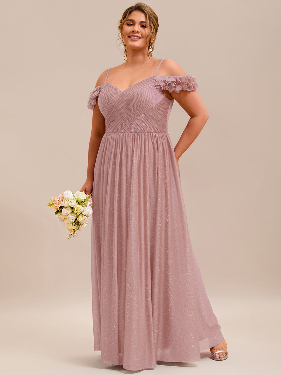 Sparkling V-Neck Floral Cold-Shoulder Evening Dress with Pleated #color_Pink