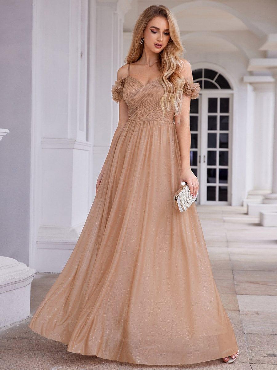 Sparkling V-Neck Floral Cold-Shoulder Evening Dress with Pleated #color_Rose Gold