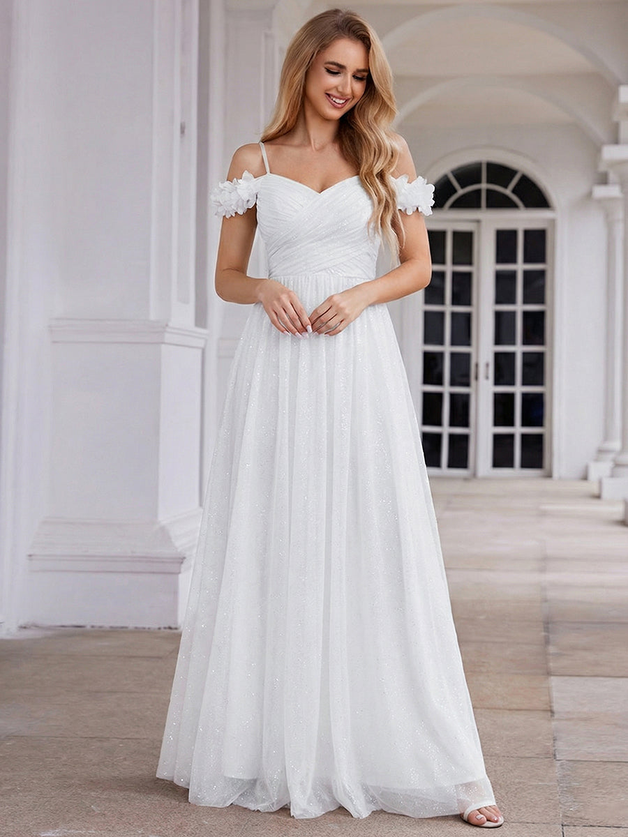 Sparkling V-Neck Floral Cold-Shoulder Evening Dress with Pleated #color_White