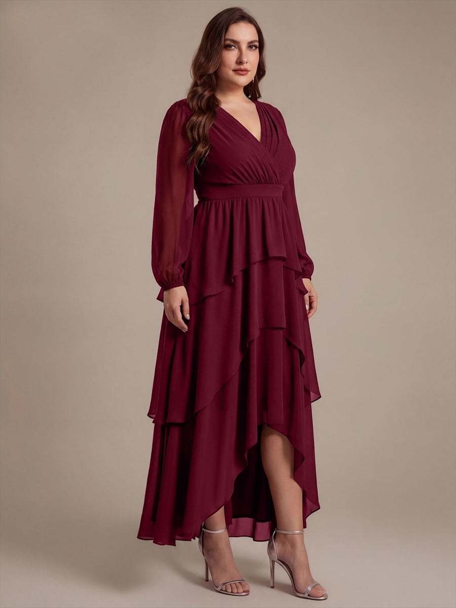 Plus Size Chiffon Puff Sleeve Wedding Guest Dress #color_Burgundy