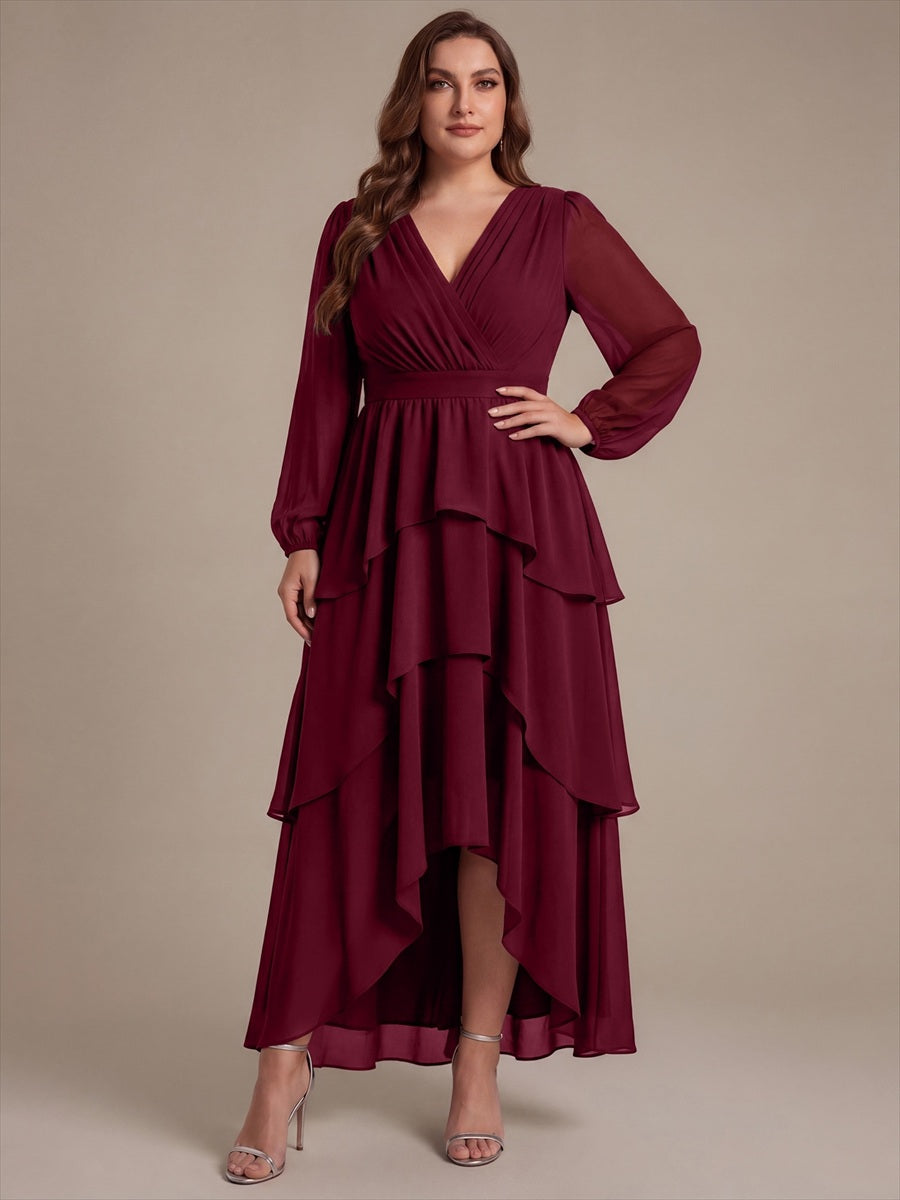 Plus Size Chiffon Puff Sleeve Wedding Guest Dress #color_Burgundy
