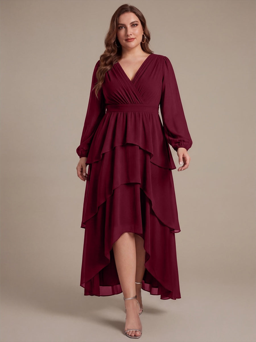 Plus Size Chiffon Puff Sleeve Wedding Guest Dress #color_Burgundy