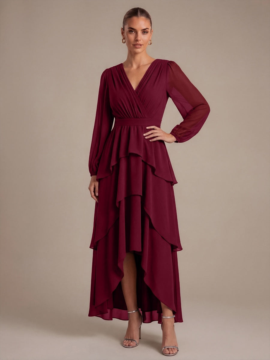 Chiffon Puff Sleeve A-Line Wedding Guest Dress #color_Burgundy