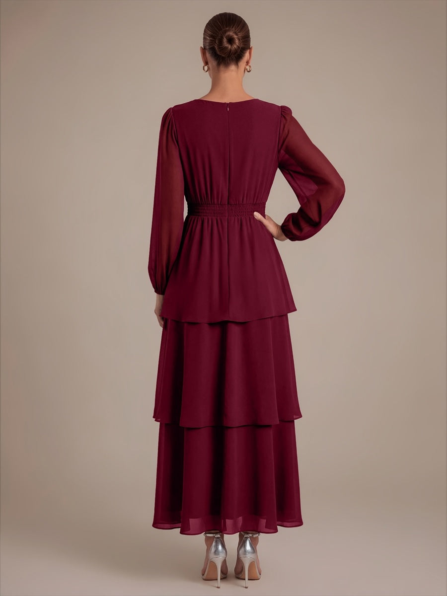 Chiffon Puff Sleeve A-Line Wedding Guest Dress #color_Burgundy