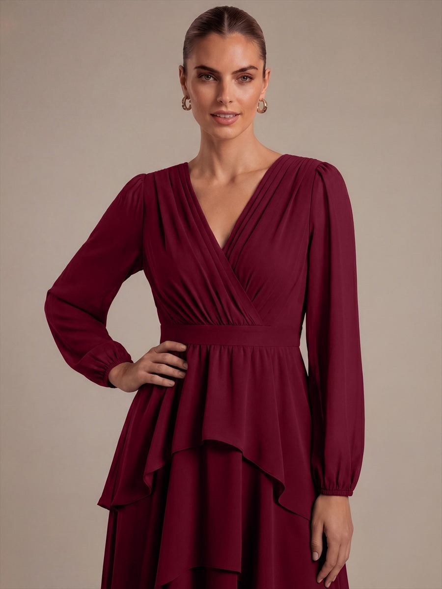 Chiffon Puff Sleeve A-Line Wedding Guest Dress #color_Burgundy