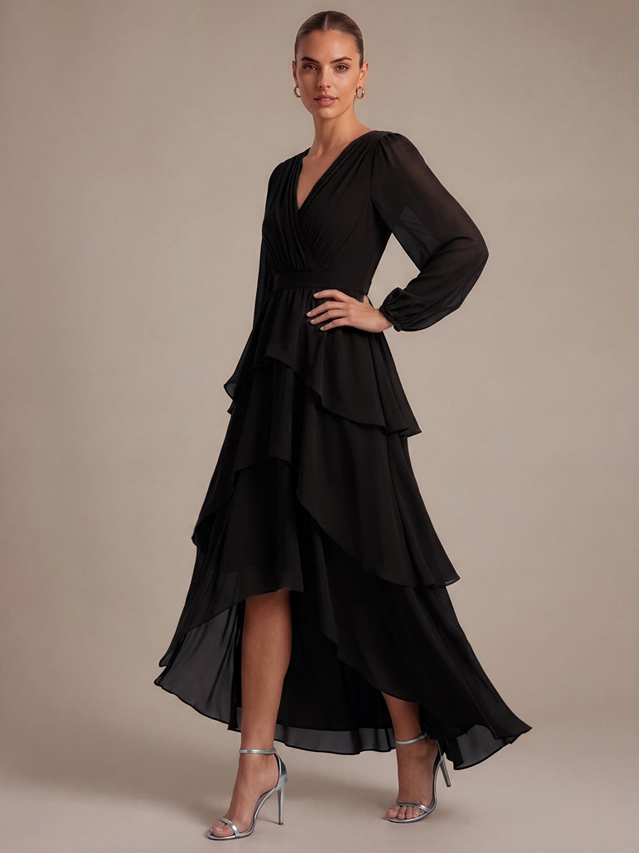 Chiffon Puff Sleeve A-Line Wedding Guest Dress #color_Black