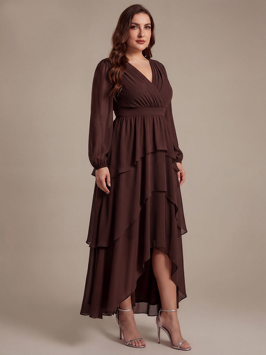Chiffon Puff Sleeve A-Line Wedding Guest Dress #color_Chocolate Brown