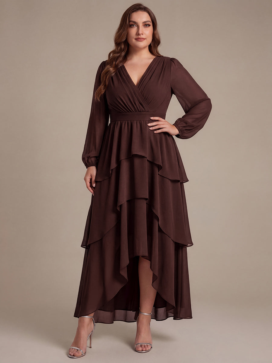 Chiffon Puff Sleeve A-Line Wedding Guest Dress #color_Chocolate Brown