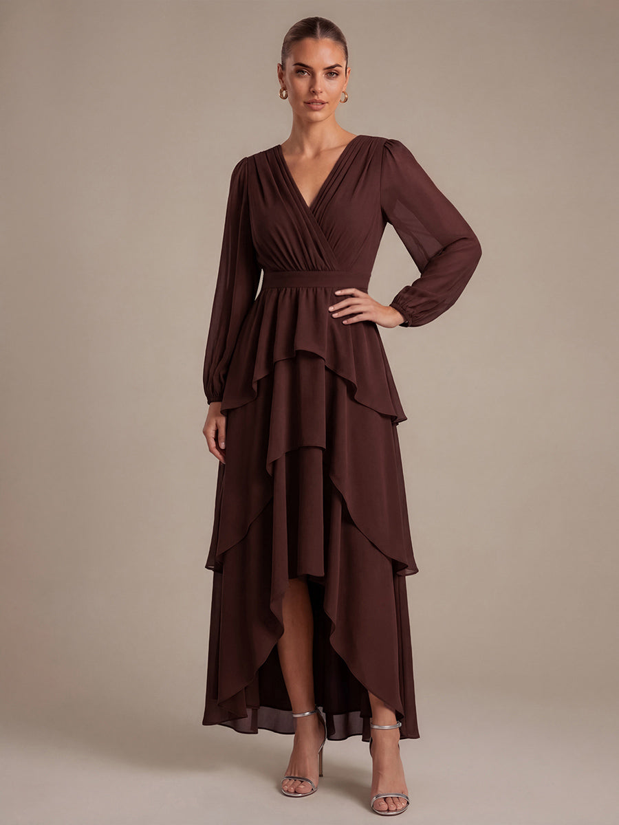 Chiffon Puff Sleeve A-Line Wedding Guest Dress #color_Chocolate Brown