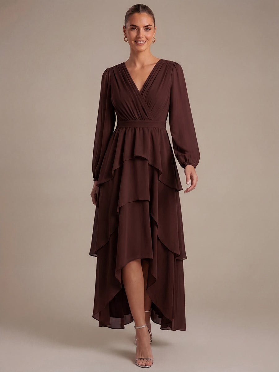 Chiffon Puff Sleeve A-Line Wedding Guest Dress #color_Chocolate Brown