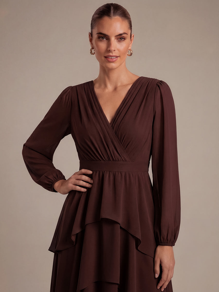 Chiffon Puff Sleeve A-Line Wedding Guest Dress #color_Chocolate Brown