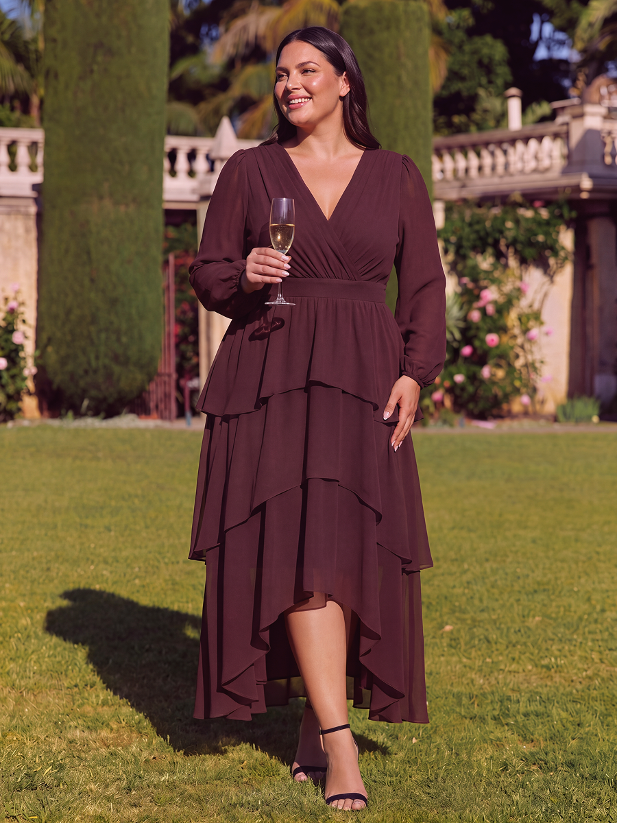 Plus Size Chiffon Puff Sleeve Wedding Guest Dress #color_Chocolate Brown