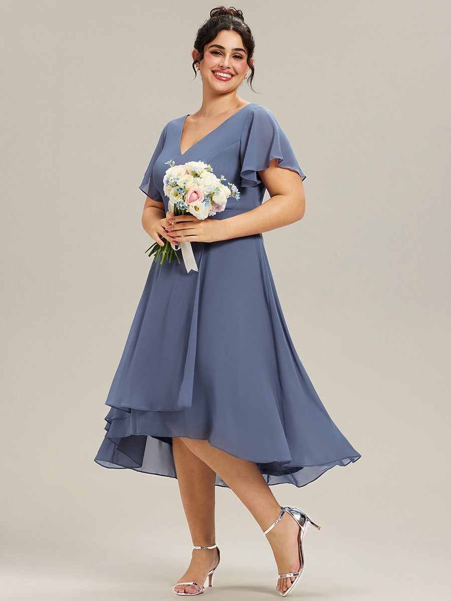 Plus Size Flowing Chiffon V-Neck Ruffle Sleeves Bridesmaid Dress #color_Dusty Blue