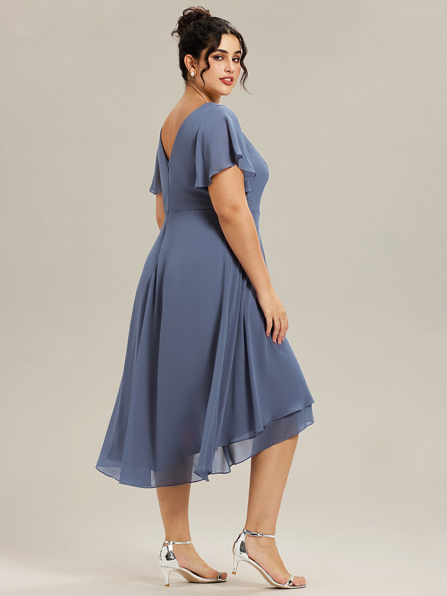 Plus Size Flowing Chiffon V-Neck Ruffle Sleeves Bridesmaid Dress #color_Dusty Blue