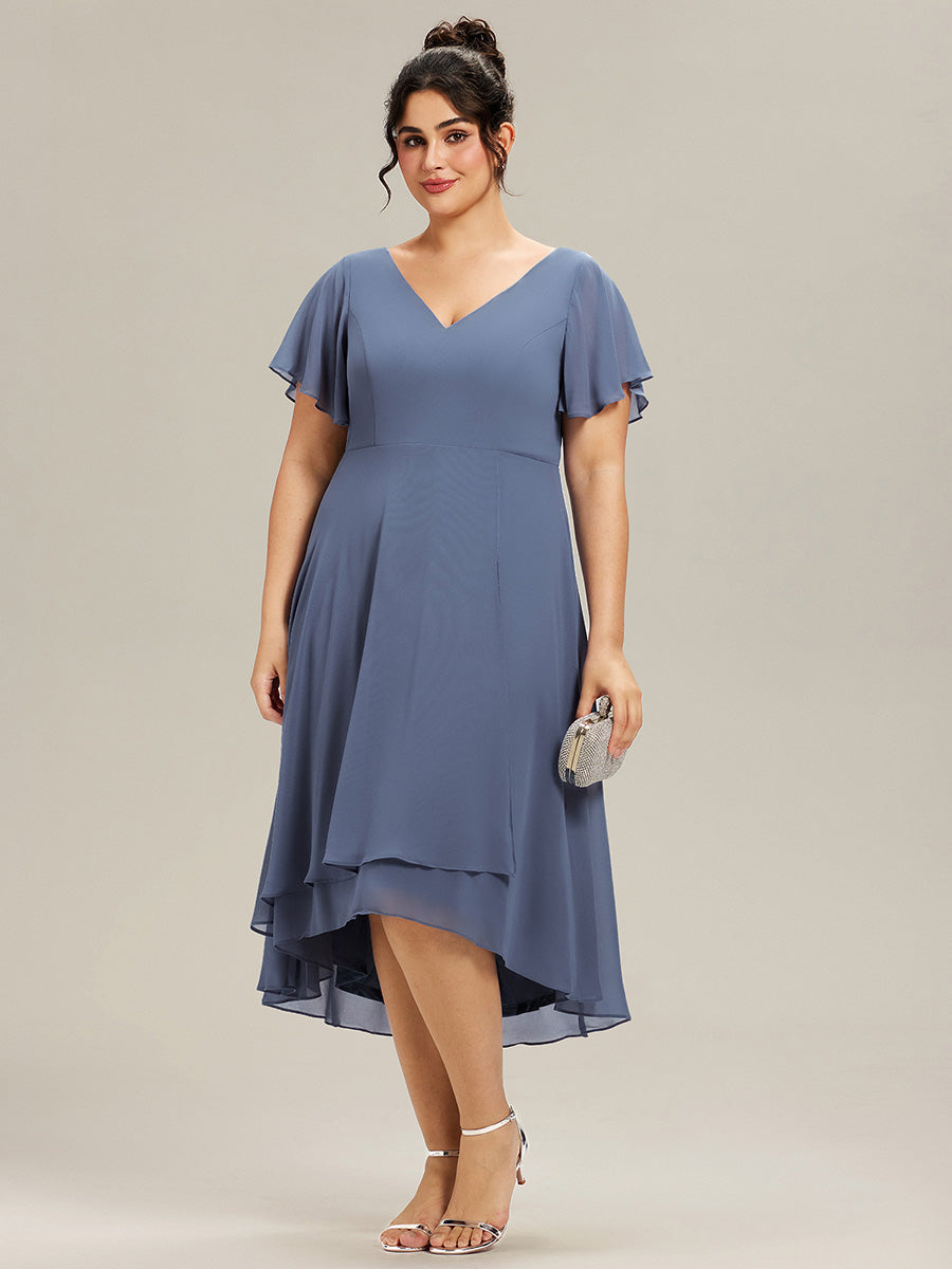 Plus Size Flowing Chiffon V-Neck Ruffle Sleeves Bridesmaid Dress #color_Dusty Blue