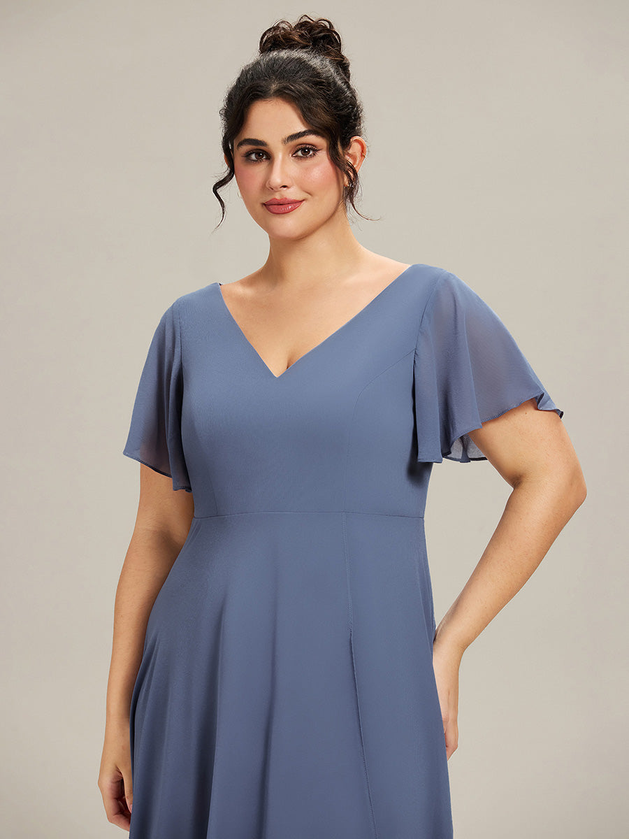 Plus Size Flowing Chiffon V-Neck Ruffle Sleeves Bridesmaid Dress #color_Dusty Blue