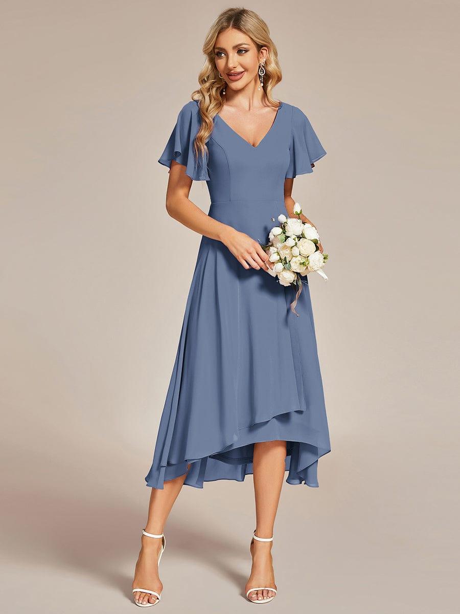 Flowing Chiffon V-Neck Ruffle Sleeves Bridesmaid Dress #color_Dusty Blue