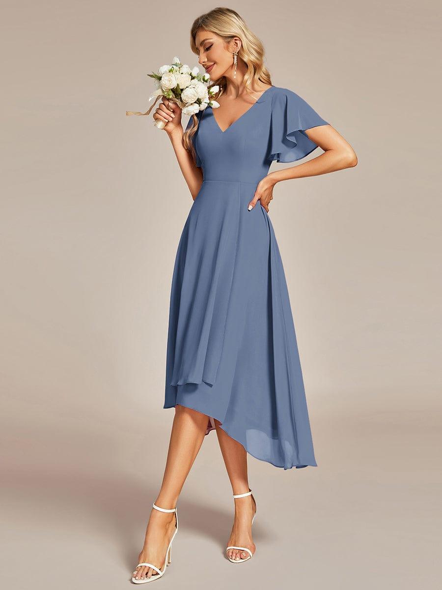Flowing Chiffon V-Neck Ruffle Sleeves Bridesmaid Dress #color_Dusty Blue