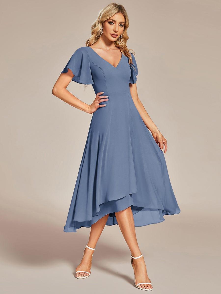 Flowing Chiffon V-Neck Ruffle Sleeves Bridesmaid Dress #color_Dusty Blue