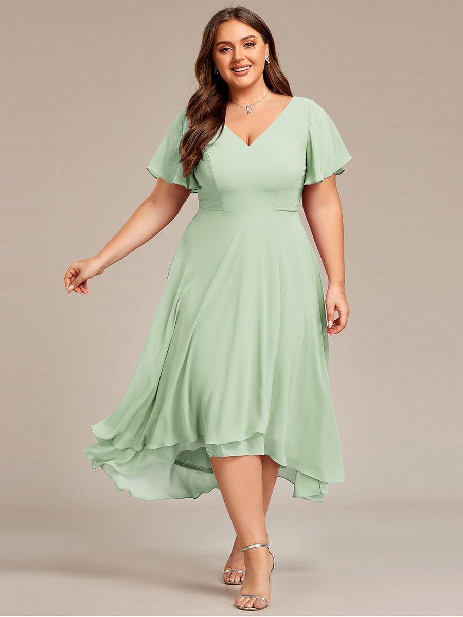 Plus Size Flowing Chiffon V-Neck Ruffle Sleeves Bridesmaid Dress #color_Mint Green