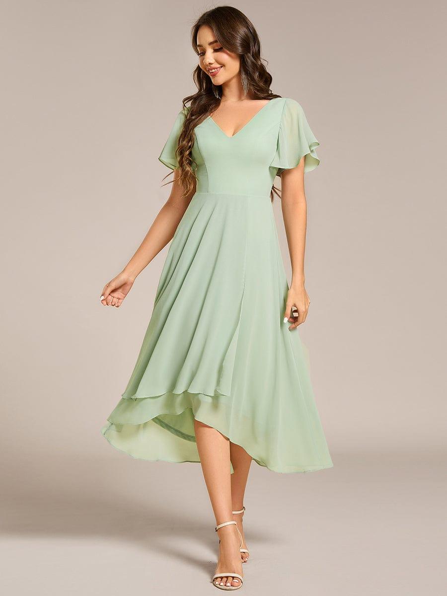 Flowing Chiffon V-Neck Ruffle Sleeves Bridesmaid Dress #color_Mint Green