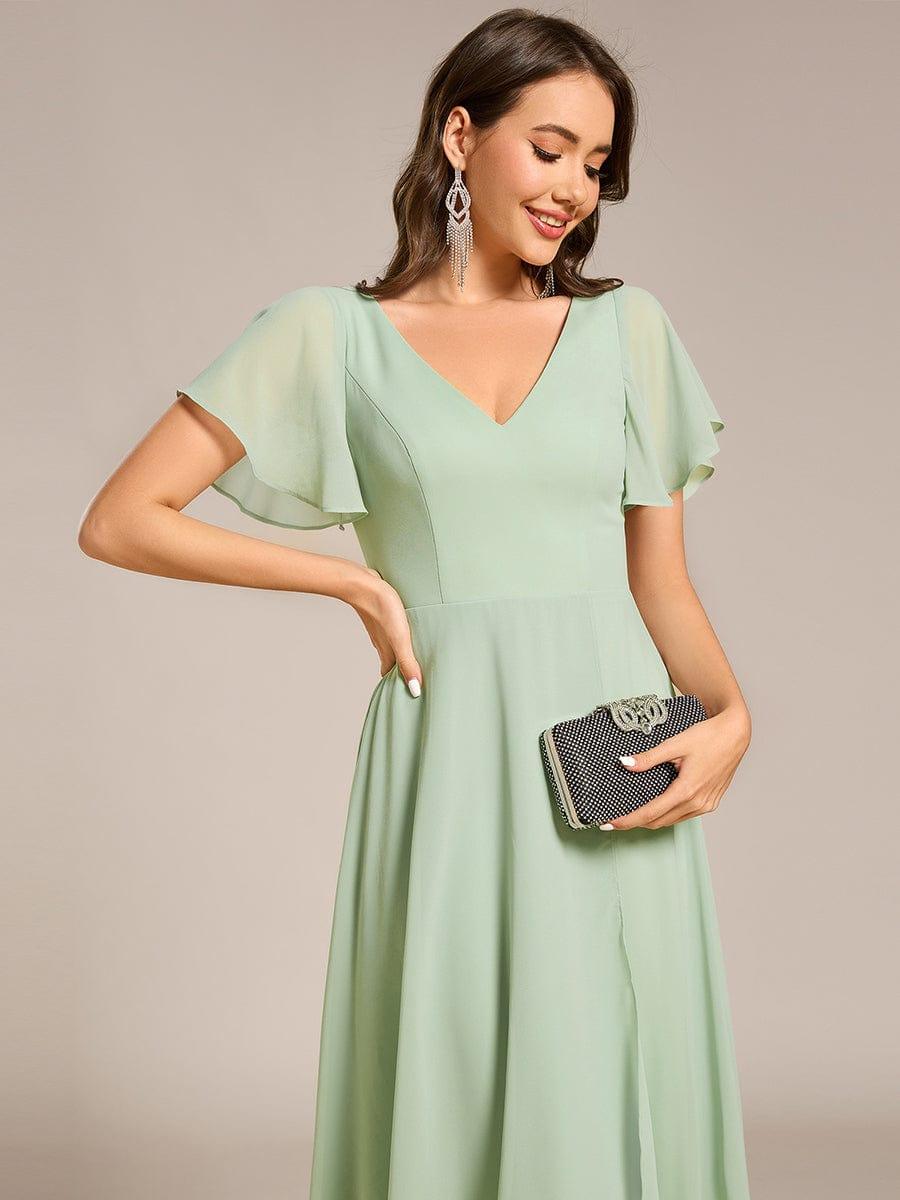 Flowing Chiffon V-Neck Ruffle Sleeves Bridesmaid Dress #color_Mint Green
