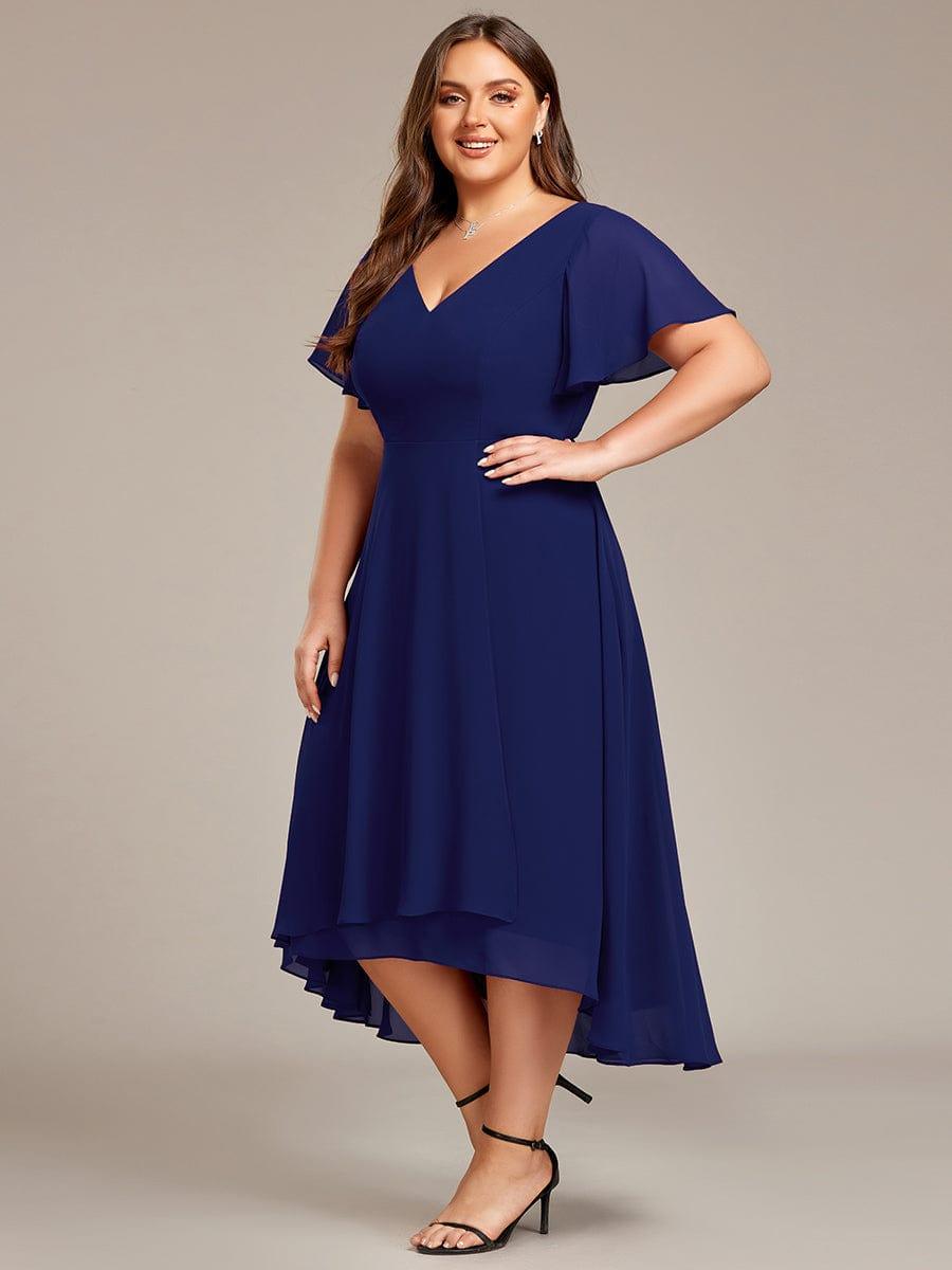 Plus Size Flowing Chiffon V-Neck Ruffle Sleeves Bridesmaid Dress #color_Navy Blue